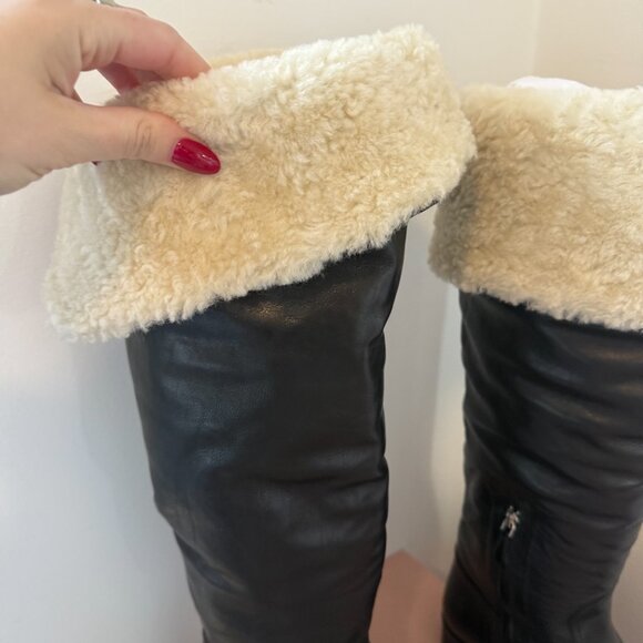 NWT Miu Miu Tall Boots Shearling Black Leather Round Toe Low Block Heels Sz 38 - Picture 6 of 11